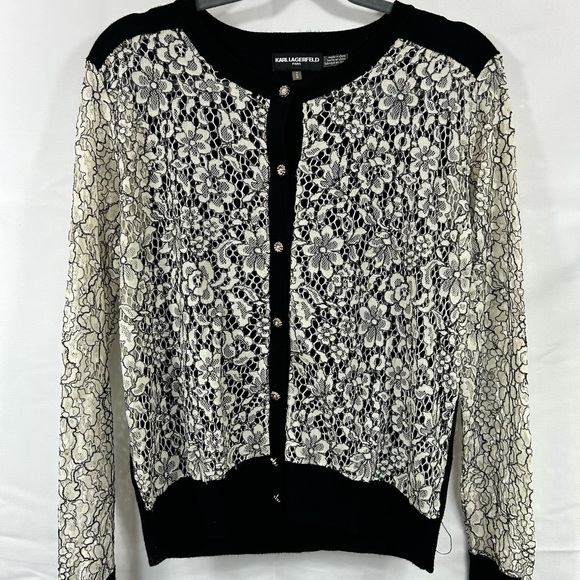 Karl Lagerfeld Floral Lace Cardigan in Black and Ivory size M Whimsigoth Paris - Picture 1 of 9